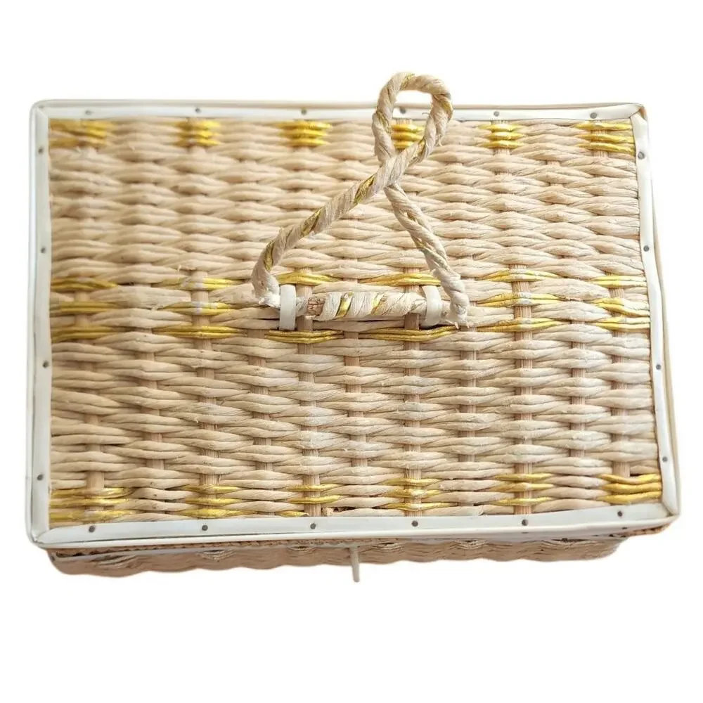 Vintage Natural Woven Fiber Woven Sewing Basket Lined Interior Box